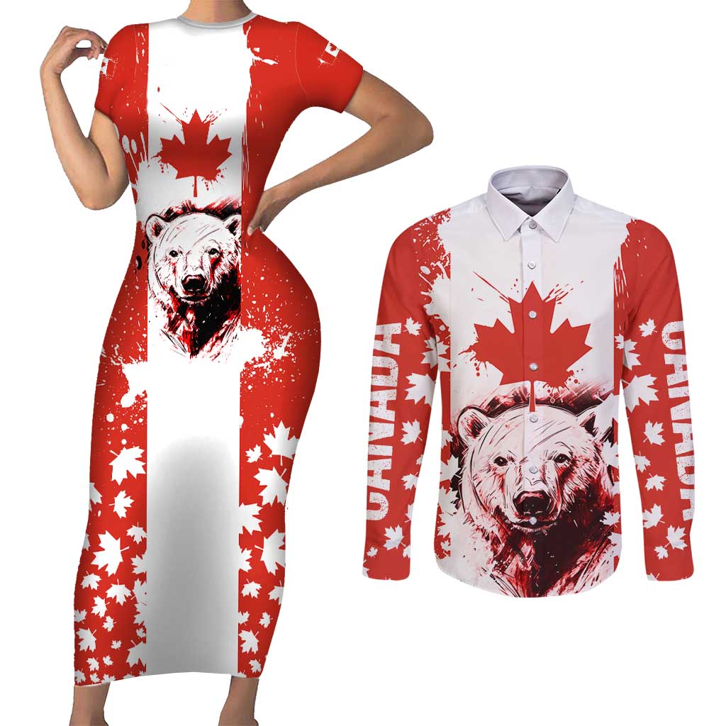 Canada Bear Couples Matching Short Sleeve Bodycon Dress and Long Sleeve Button Shirt with Maple Leaf and Rocky Mountain Design