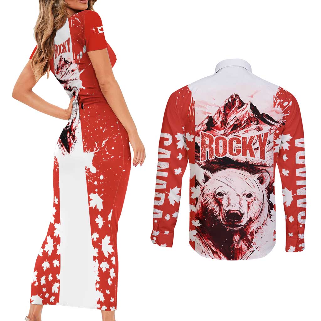Canada Bear Couples Matching Short Sleeve Bodycon Dress and Long Sleeve Button Shirt with Maple Leaf and Rocky Mountain Design