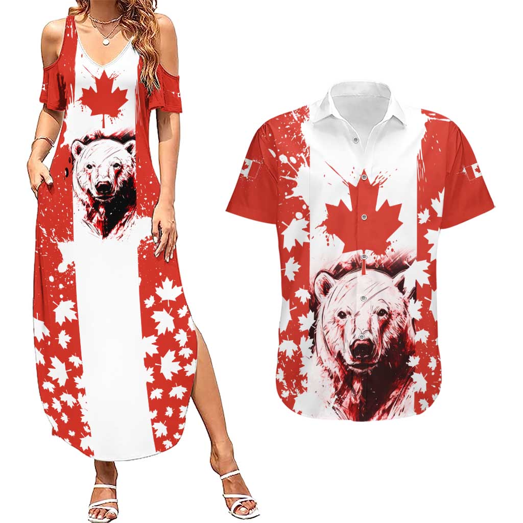 Canada Bear Couples Matching Summer Maxi Dress and Hawaiian Shirt with Maple Leaf and Rocky Mountain Design