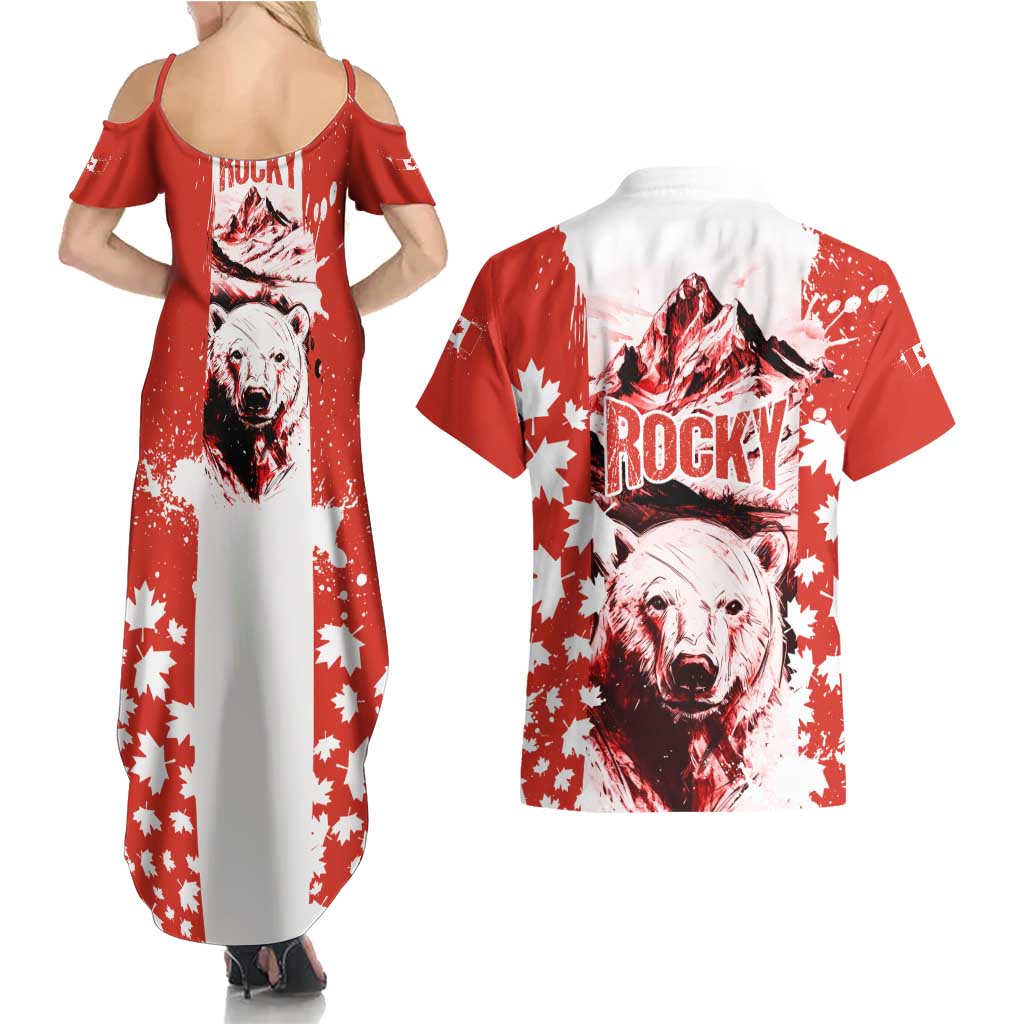 Canada Bear Couples Matching Summer Maxi Dress and Hawaiian Shirt with Maple Leaf and Rocky Mountain Design