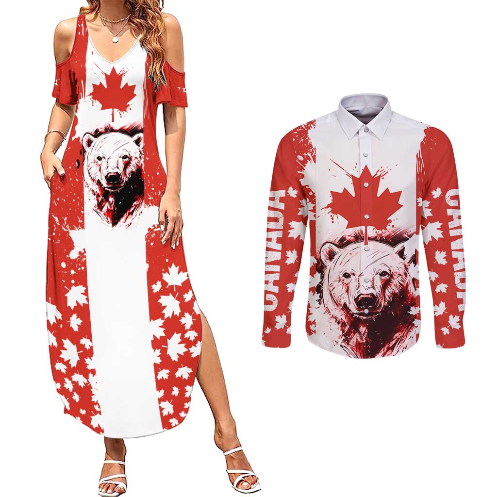 Canada Bear Couples Matching Summer Maxi Dress and Long Sleeve Button Shirt with Maple Leaf and Rocky Mountain Design