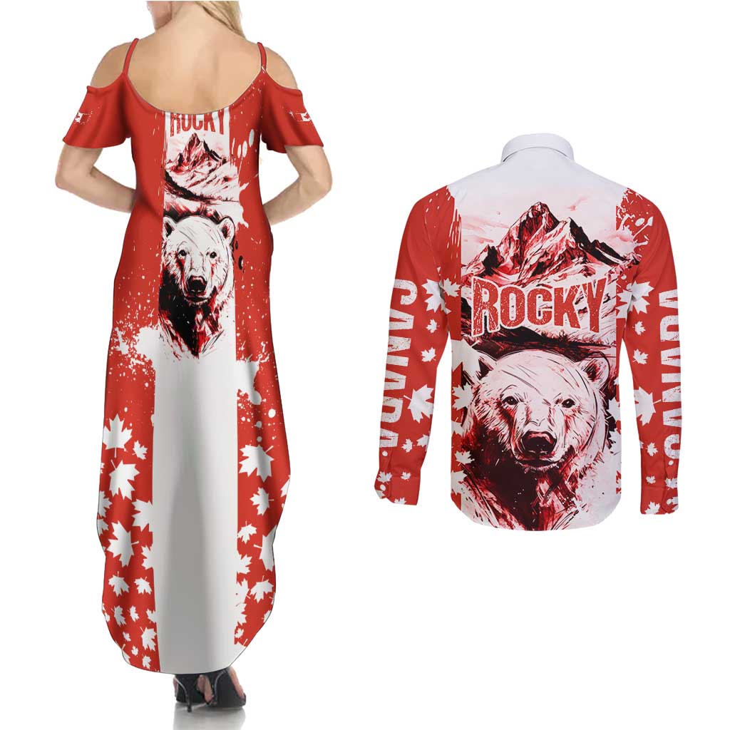 Canada Bear Couples Matching Summer Maxi Dress and Long Sleeve Button Shirt with Maple Leaf and Rocky Mountain Design