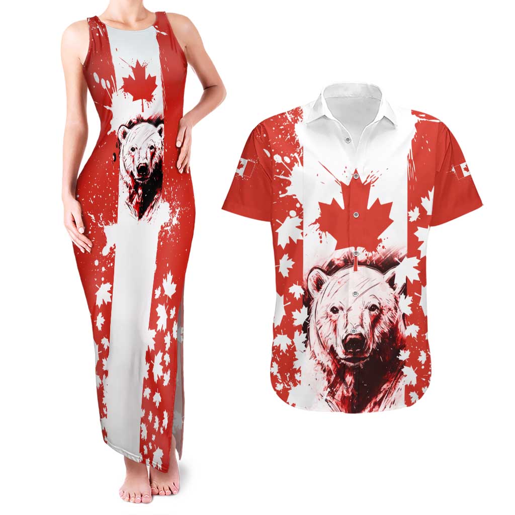 Canada Bear Couples Matching Tank Maxi Dress and Hawaiian Shirt with Maple Leaf and Rocky Mountain Design