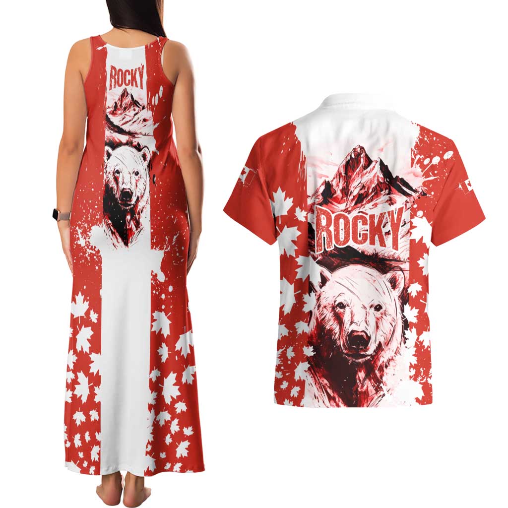Canada Bear Couples Matching Tank Maxi Dress and Hawaiian Shirt with Maple Leaf and Rocky Mountain Design