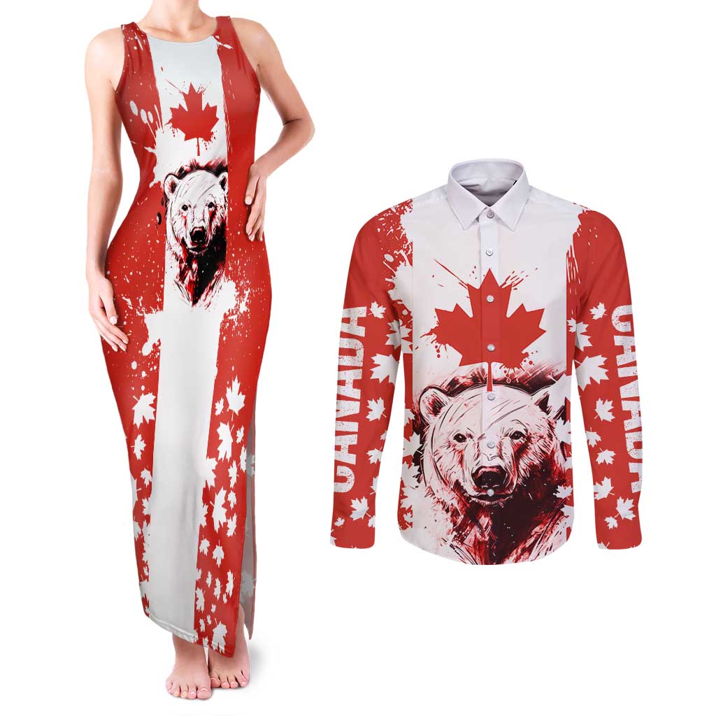 Canada Bear Couples Matching Tank Maxi Dress and Long Sleeve Button Shirt with Maple Leaf and Rocky Mountain Design