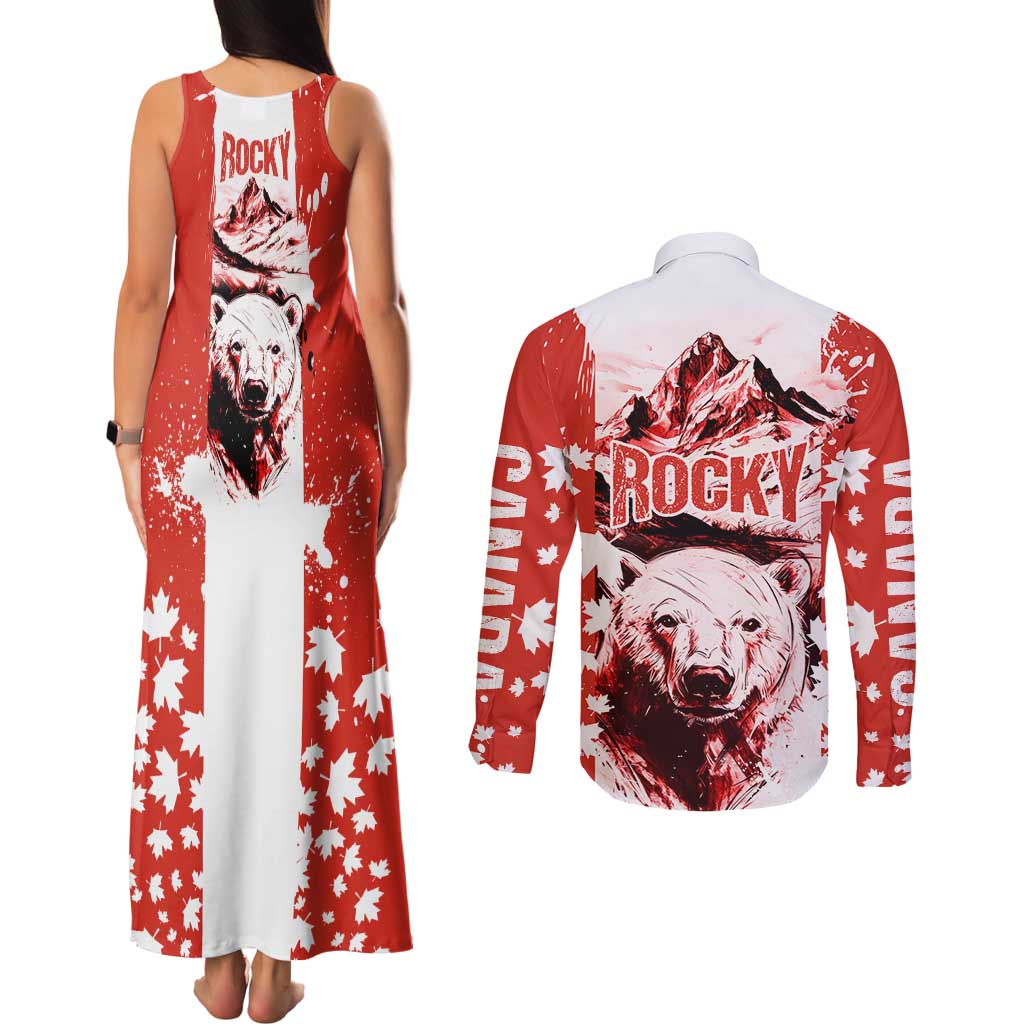Canada Bear Couples Matching Tank Maxi Dress and Long Sleeve Button Shirt with Maple Leaf and Rocky Mountain Design