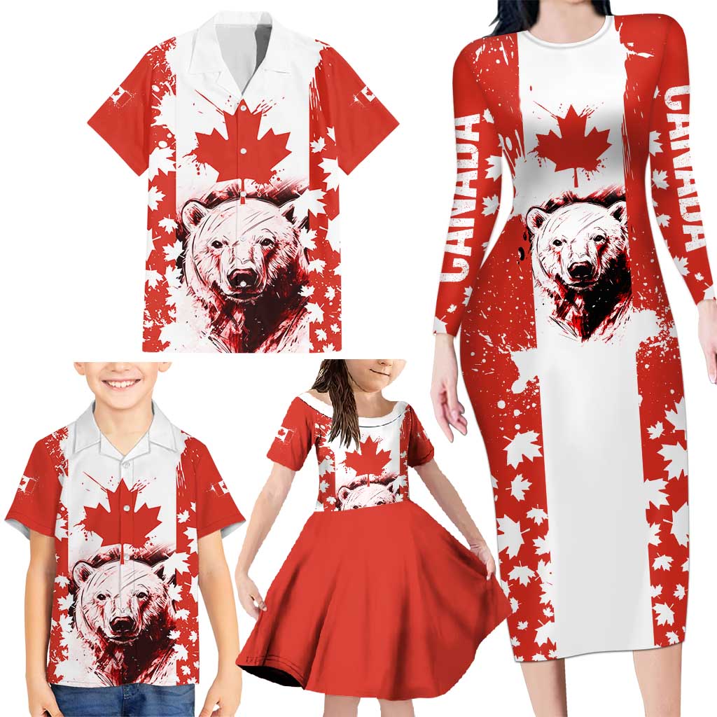 Canada Bear Family Matching Long Sleeve Bodycon Dress and Hawaiian Shirt with Maple Leaf and Rocky Mountain Design