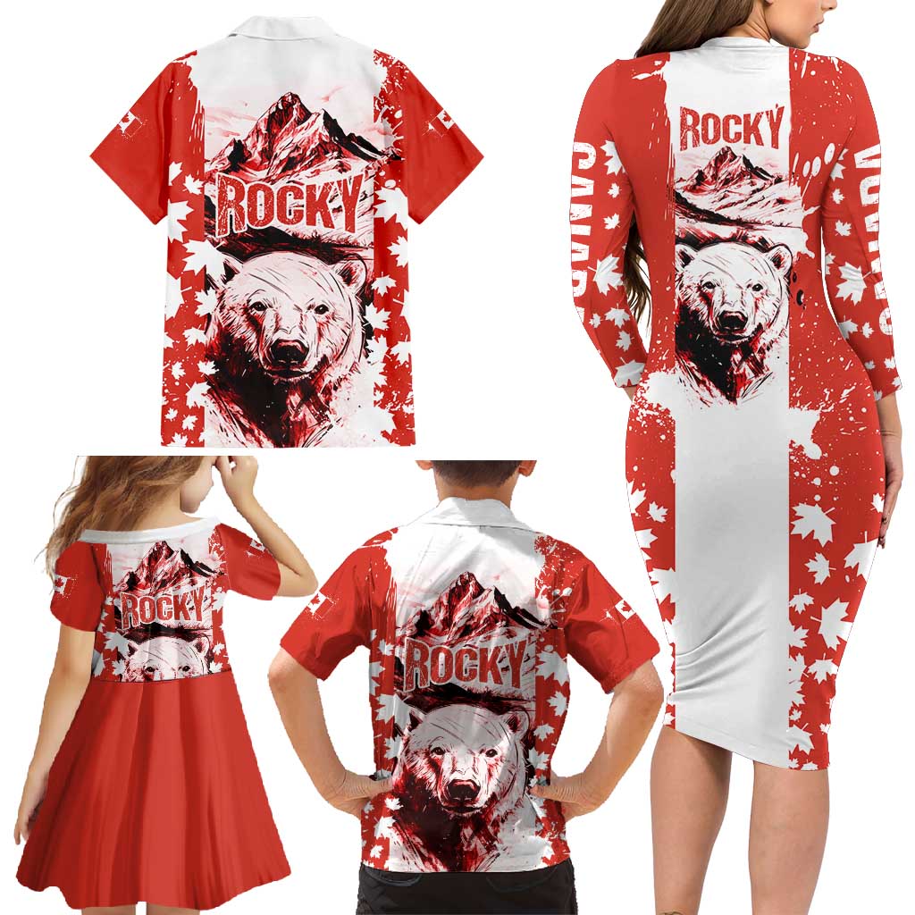 Canada Bear Family Matching Long Sleeve Bodycon Dress and Hawaiian Shirt with Maple Leaf and Rocky Mountain Design