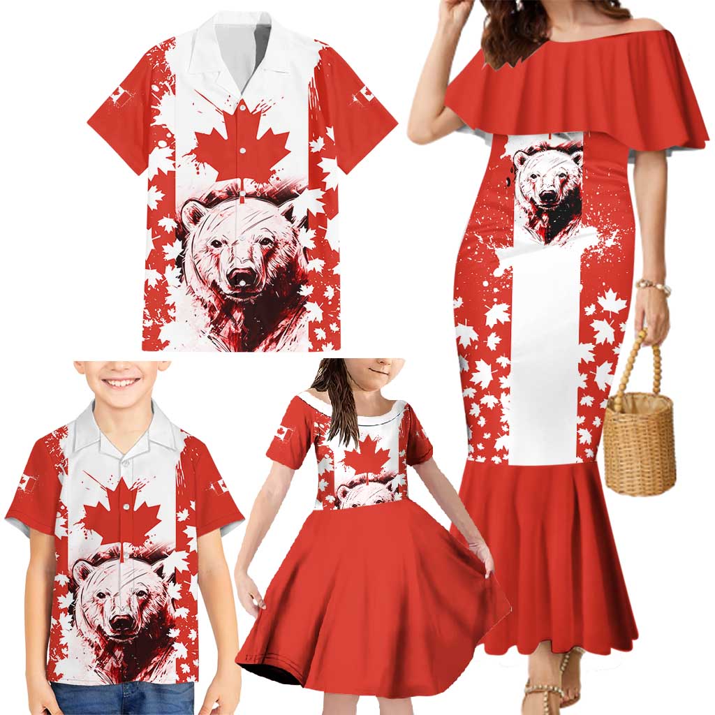 Canada Bear Family Matching Mermaid Dress and Hawaiian Shirt with Maple Leaf and Rocky Mountain Design