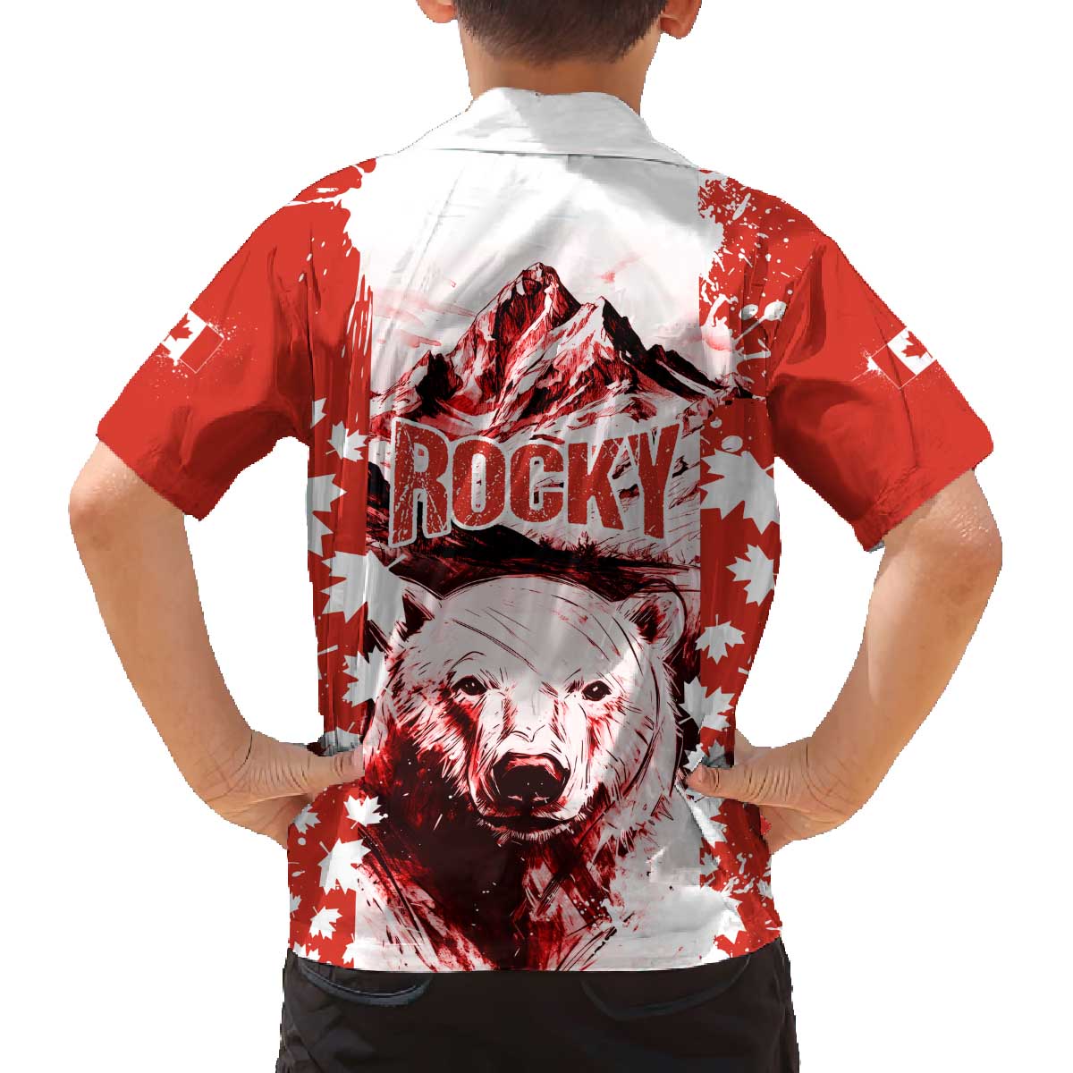 Canada Bear Family Matching Off The Shoulder Long Sleeve Dress and Hawaiian Shirt with Maple Leaf and Rocky Mountain Design