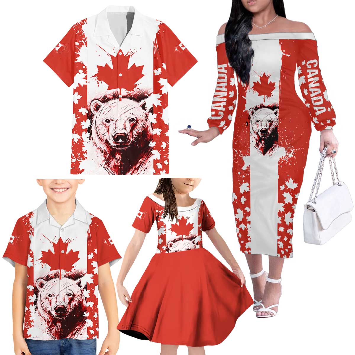 Canada Bear Family Matching Off The Shoulder Long Sleeve Dress and Hawaiian Shirt with Maple Leaf and Rocky Mountain Design
