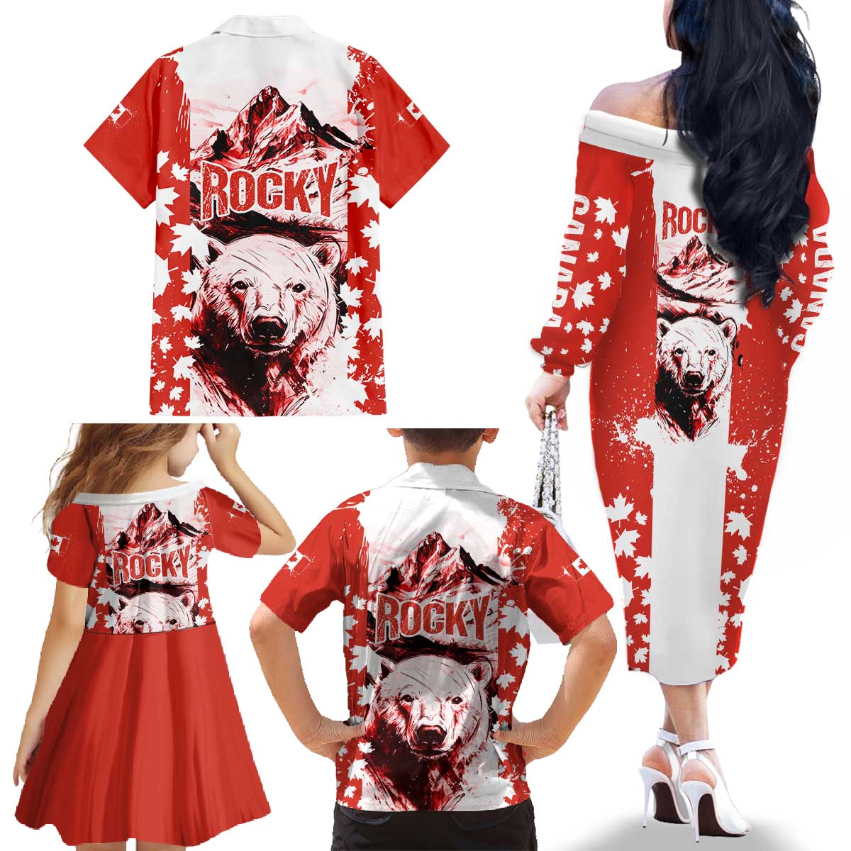 Canada Bear Family Matching Off The Shoulder Long Sleeve Dress and Hawaiian Shirt with Maple Leaf and Rocky Mountain Design