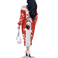 Canada Bear Family Matching Off The Shoulder Long Sleeve Dress and Hawaiian Shirt with Maple Leaf and Rocky Mountain Design