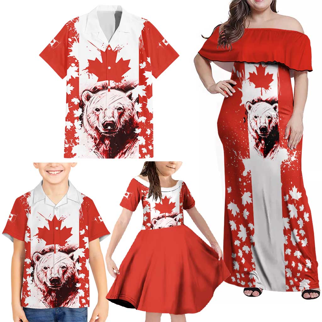 Canada Bear Family Matching Off Shoulder Maxi Dress and Hawaiian Shirt with Maple Leaf and Rocky Mountain Design