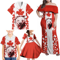 Canada Bear Family Matching Off Shoulder Maxi Dress and Hawaiian Shirt with Maple Leaf and Rocky Mountain Design