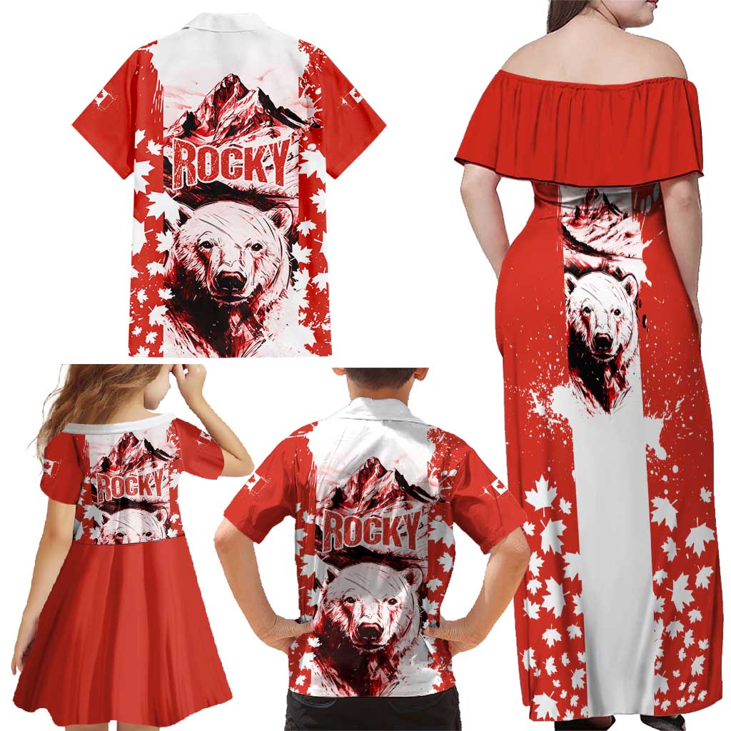 Canada Bear Family Matching Off Shoulder Maxi Dress and Hawaiian Shirt with Maple Leaf and Rocky Mountain Design