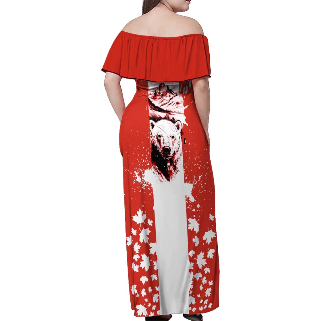 Canada Bear Family Matching Off Shoulder Maxi Dress and Hawaiian Shirt with Maple Leaf and Rocky Mountain Design