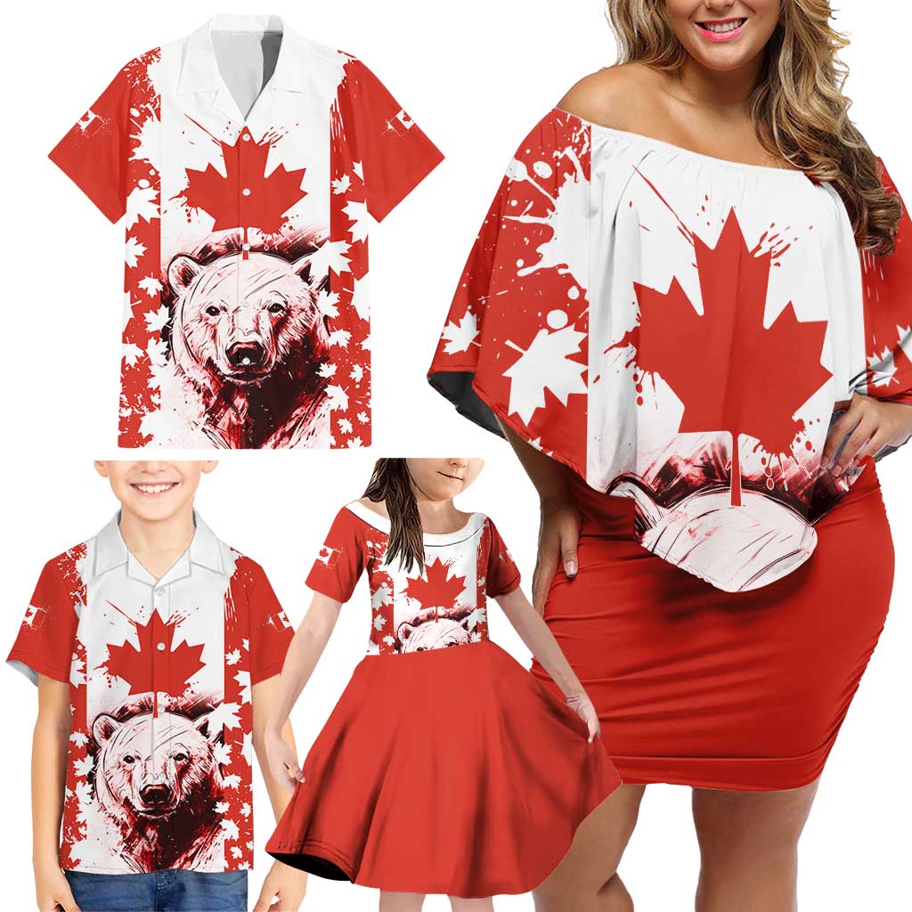 Canada Bear Family Matching Off Shoulder Short Dress and Hawaiian Shirt with Maple Leaf and Rocky Mountain Design