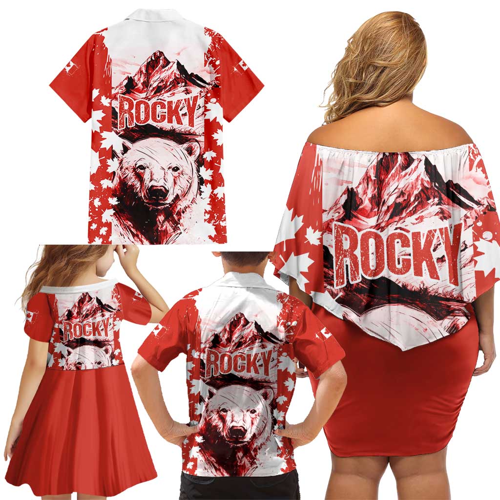 Canada Bear Family Matching Off Shoulder Short Dress and Hawaiian Shirt with Maple Leaf and Rocky Mountain Design