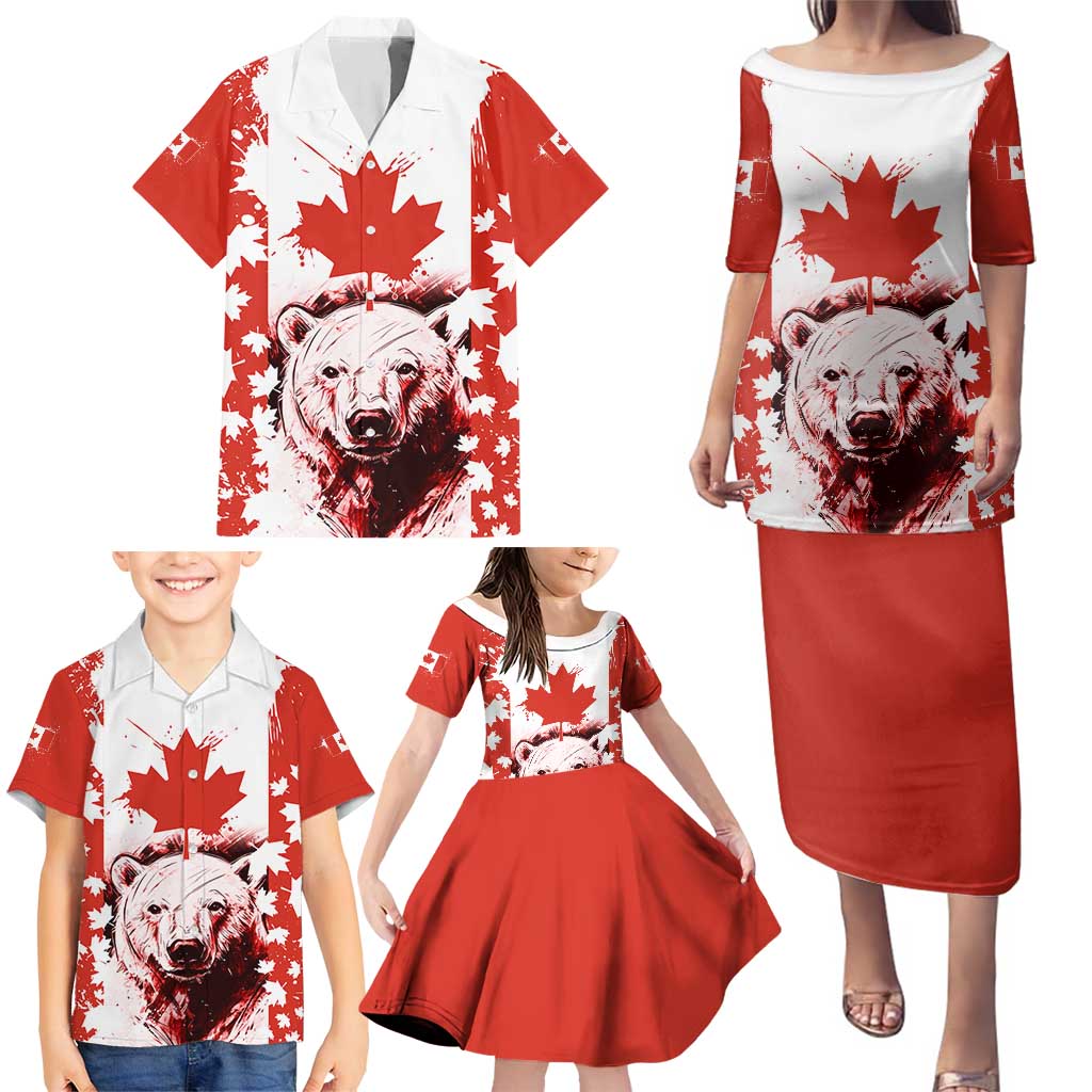 Canada Bear Family Matching Puletasi and Hawaiian Shirt with Maple Leaf and Rocky Mountain Design