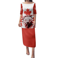Canada Bear Family Matching Puletasi and Hawaiian Shirt with Maple Leaf and Rocky Mountain Design