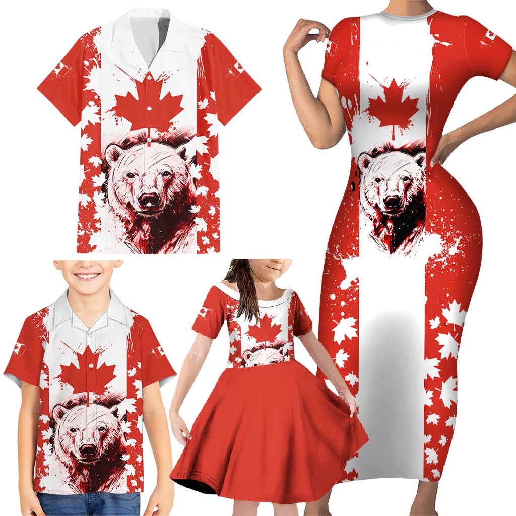 Canada Bear Family Matching Short Sleeve Bodycon Dress and Hawaiian Shirt with Maple Leaf and Rocky Mountain Design