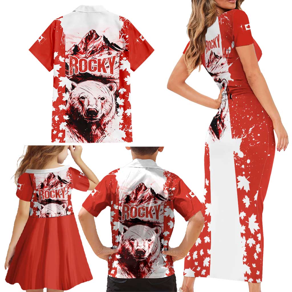 Canada Bear Family Matching Short Sleeve Bodycon Dress and Hawaiian Shirt with Maple Leaf and Rocky Mountain Design