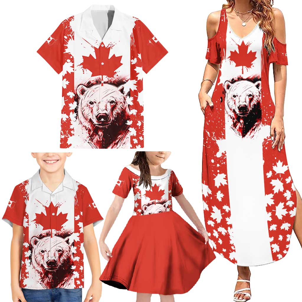Canada Bear Family Matching Summer Maxi Dress and Hawaiian Shirt with Maple Leaf and Rocky Mountain Design