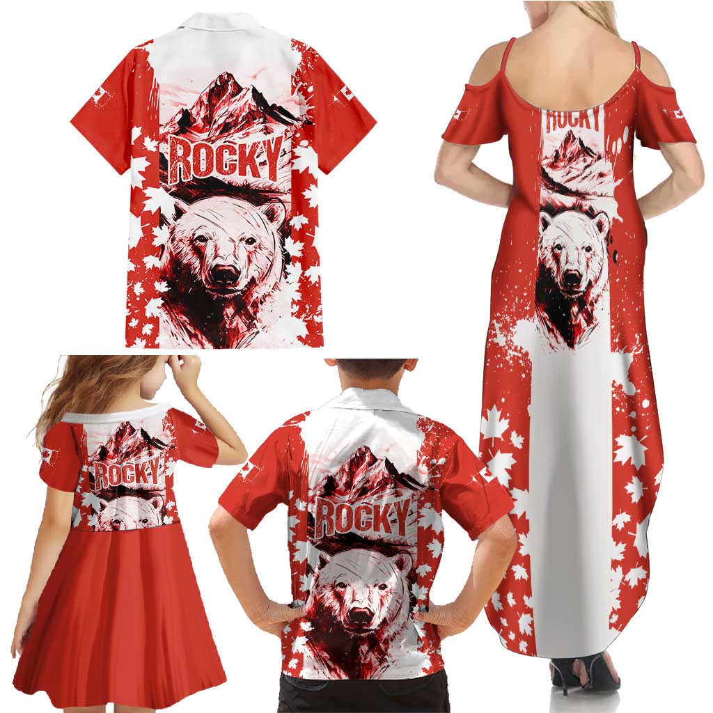 Canada Bear Family Matching Summer Maxi Dress and Hawaiian Shirt with Maple Leaf and Rocky Mountain Design
