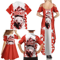 Canada Bear Family Matching Summer Maxi Dress and Hawaiian Shirt with Maple Leaf and Rocky Mountain Design