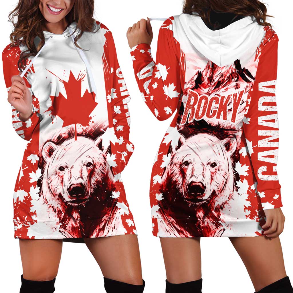 Canada Bear Hoodie Dress with Maple Leaf and Rocky Mountain Design