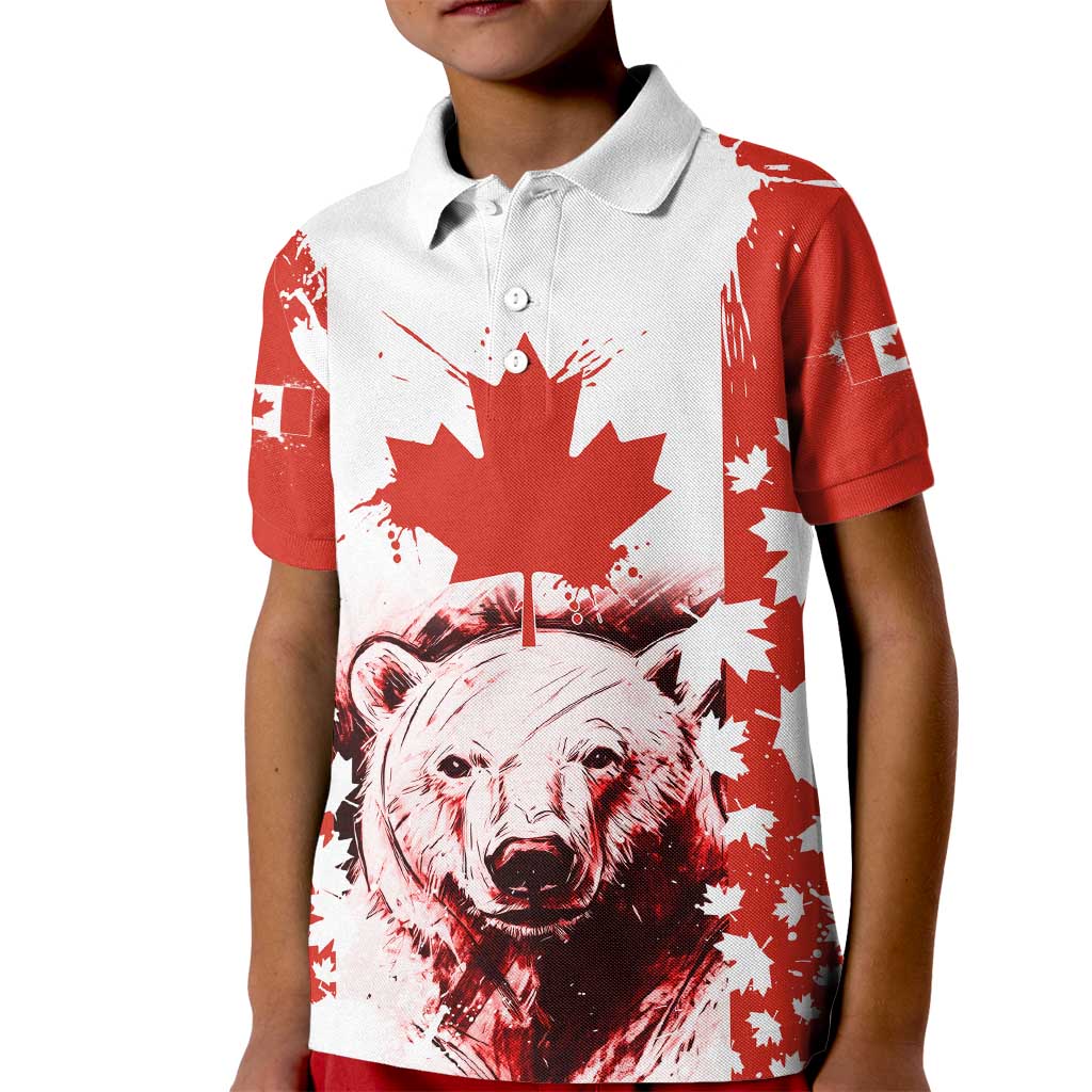 Canada Bear Kid Polo Shirt with Maple Leaf and Rocky Mountain Design