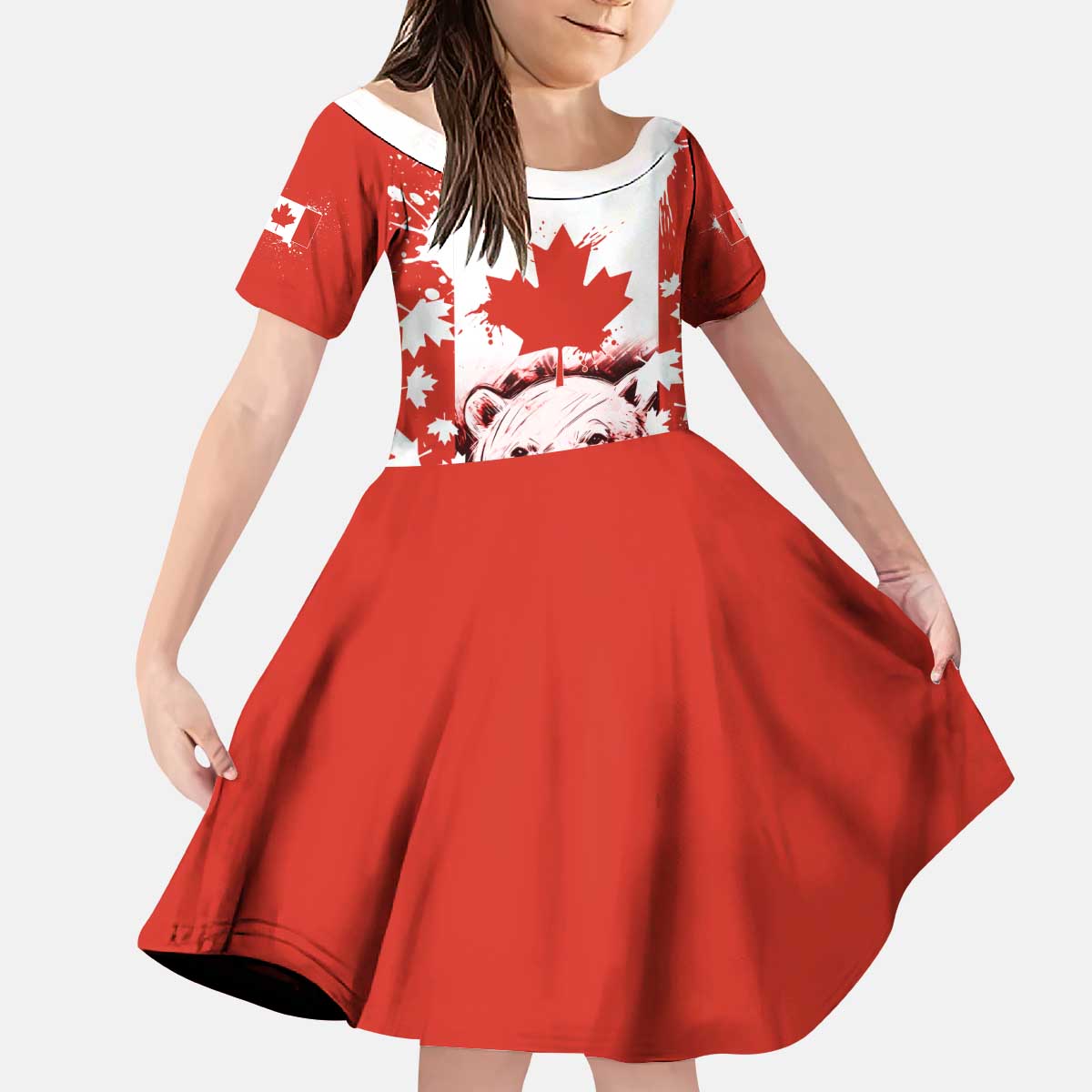 Canada Bear Kid Short Sleeve Dress with Maple Leaf and Rocky Mountain Design