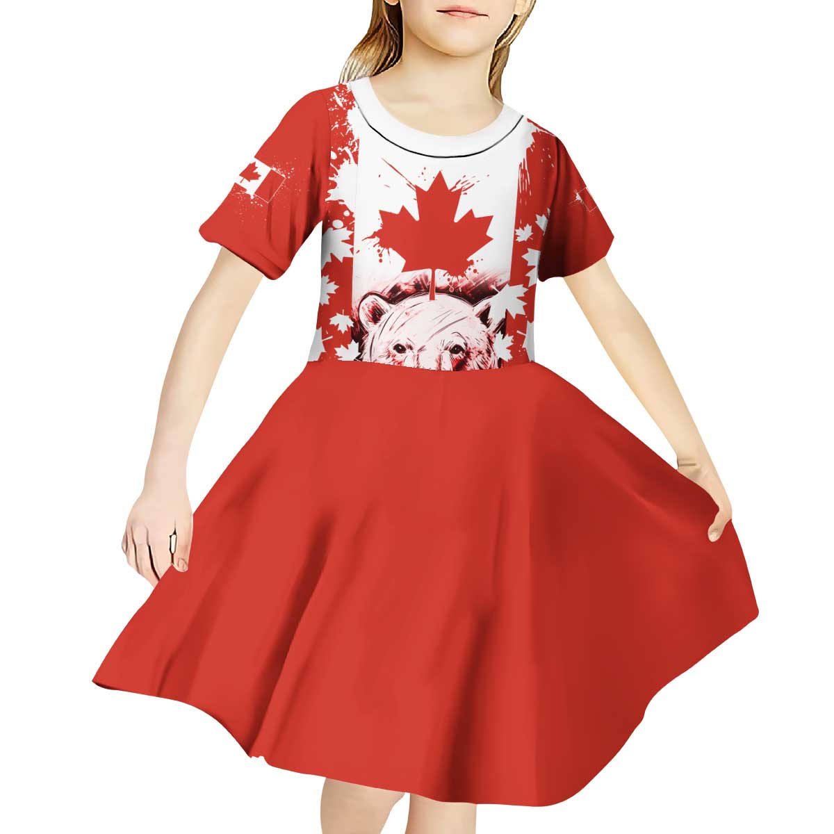 Canada Bear Kid Short Sleeve Dress with Maple Leaf and Rocky Mountain Design