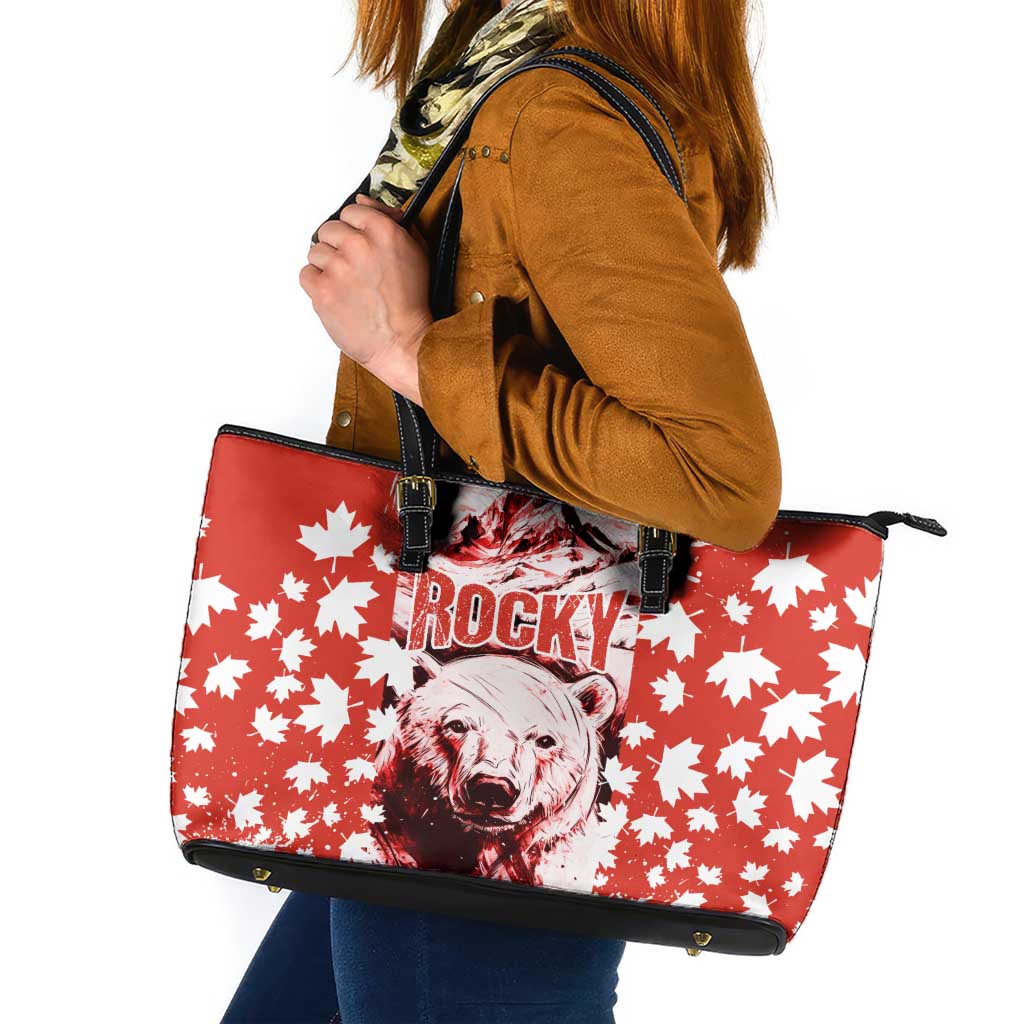 Canada Bear Leather Tote Bag with Maple Leaf and Rocky Mountain Design