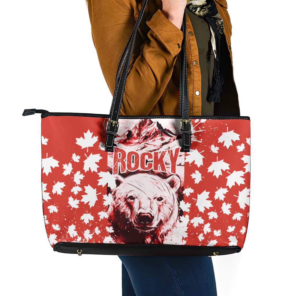 Canada Bear Leather Tote Bag with Maple Leaf and Rocky Mountain Design