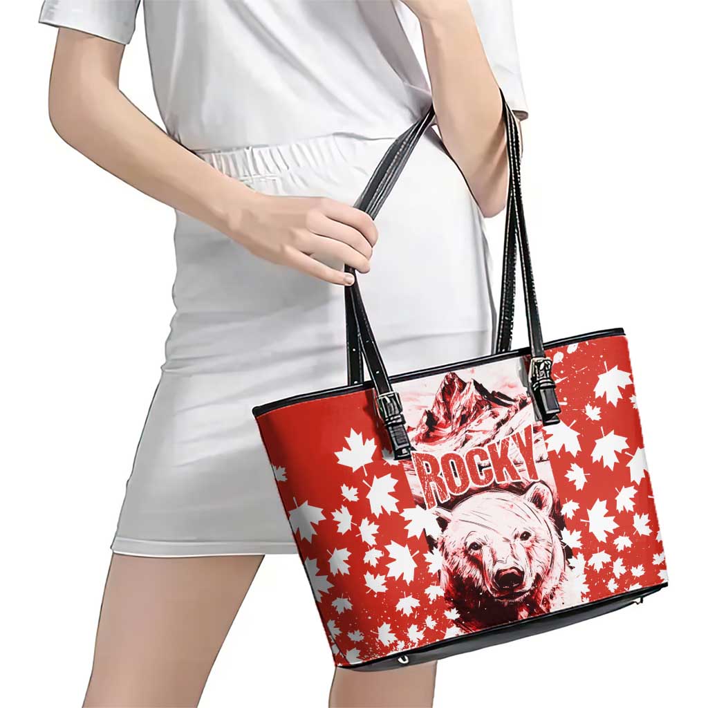 Canada Bear Leather Tote Bag with Maple Leaf and Rocky Mountain Design