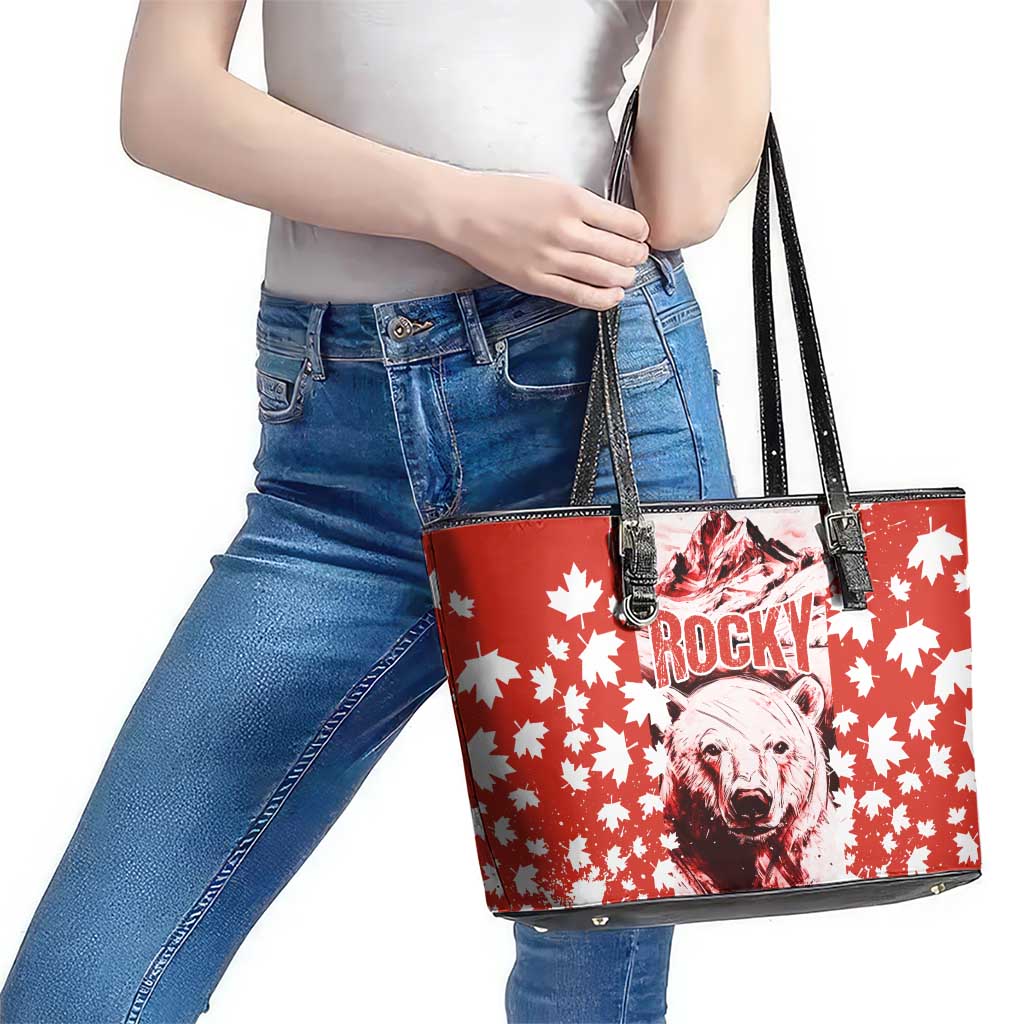 Canada Bear Leather Tote Bag with Maple Leaf and Rocky Mountain Design