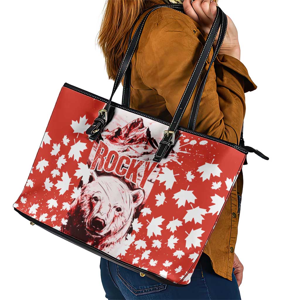 Canada Bear Leather Tote Bag with Maple Leaf and Rocky Mountain Design