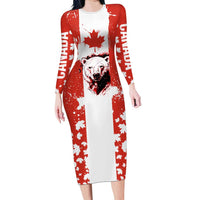 Canada Bear Long Sleeve Bodycon Dress with Maple Leaf and Rocky Mountain Design