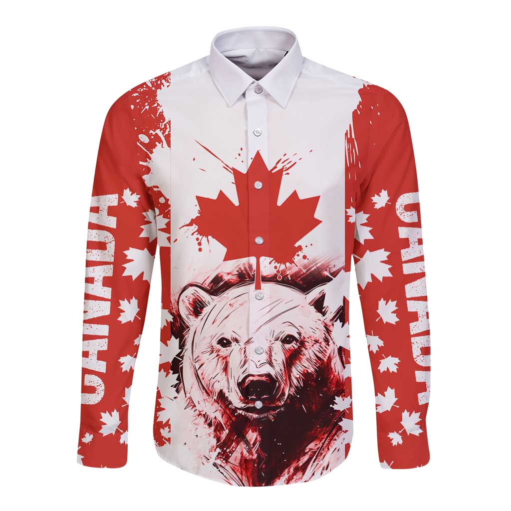 Canada Bear Long Sleeve Button Shirt with Maple Leaf and Rocky Mountain Design