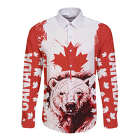 Canada Bear Long Sleeve Button Shirt with Maple Leaf and Rocky Mountain Design