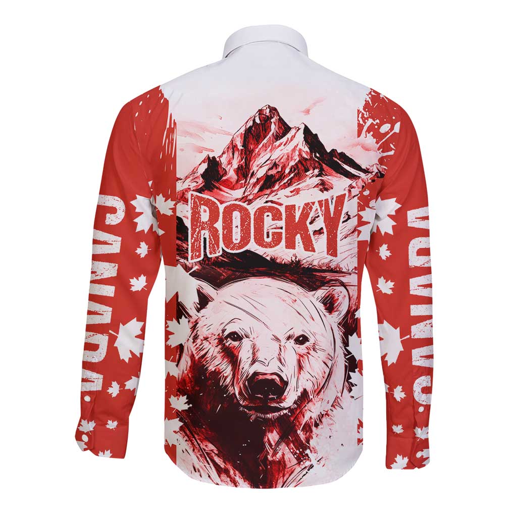 Canada Bear Long Sleeve Button Shirt with Maple Leaf and Rocky Mountain Design