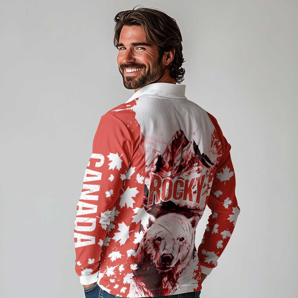 Canada Bear Long Sleeve Polo Shirt with Maple Leaf and Rocky Mountain Design