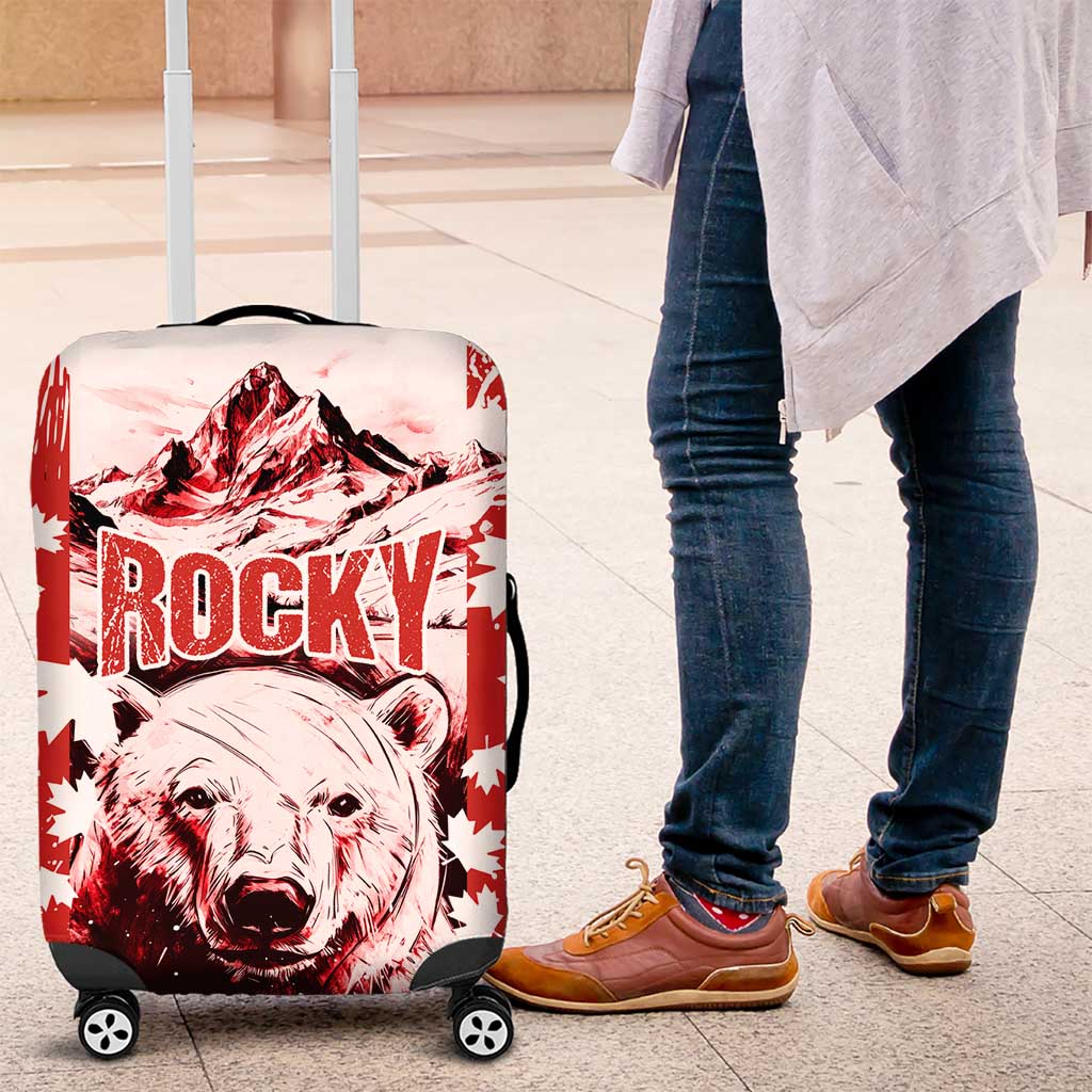 Canada Bear Luggage Cover with Maple Leaf and Rocky Mountain Design