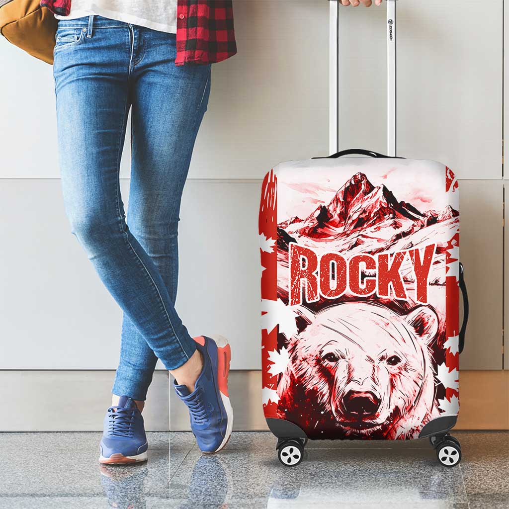 Canada Bear Luggage Cover with Maple Leaf and Rocky Mountain Design