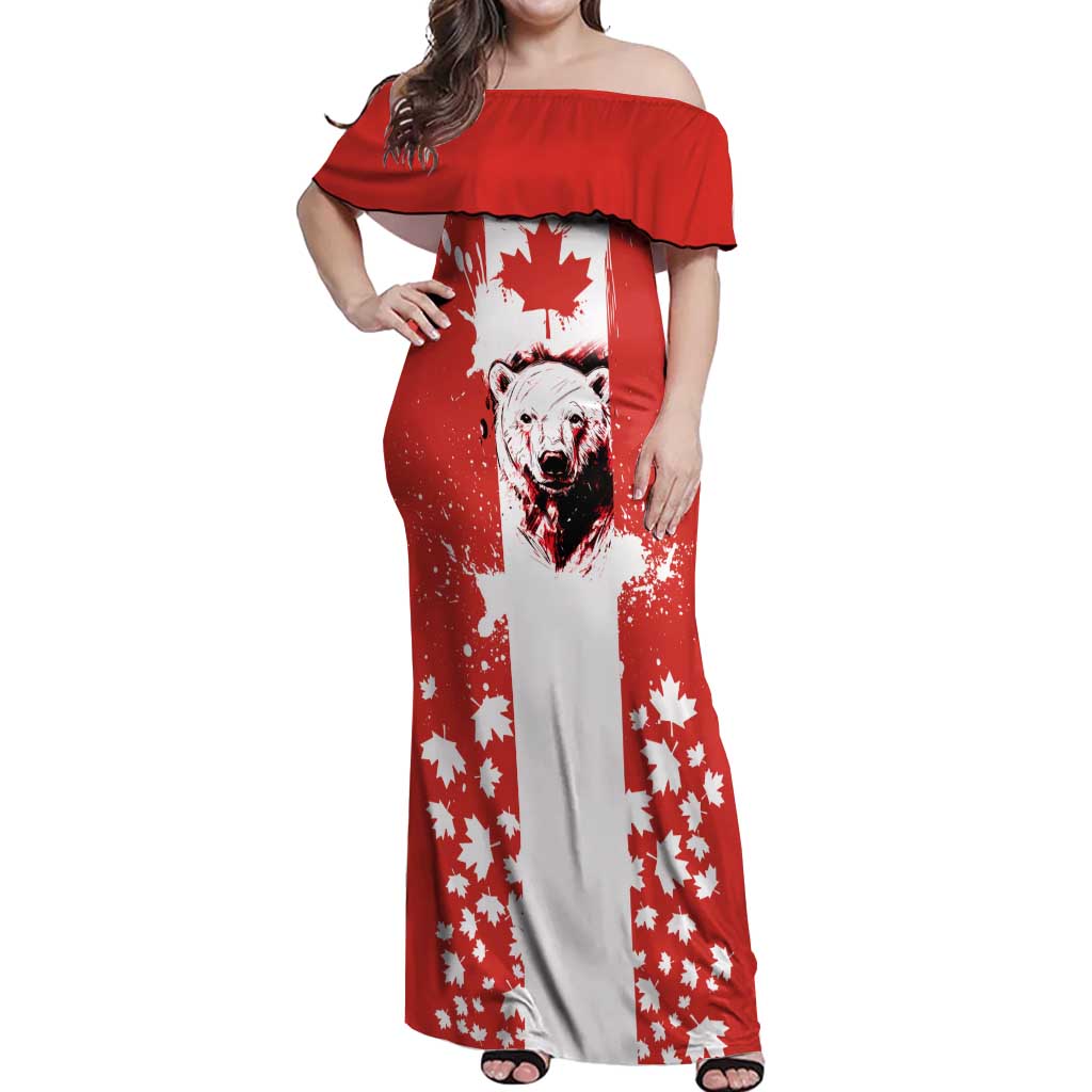 Canada Bear Off Shoulder Maxi Dress with Maple Leaf and Rocky Mountain Design