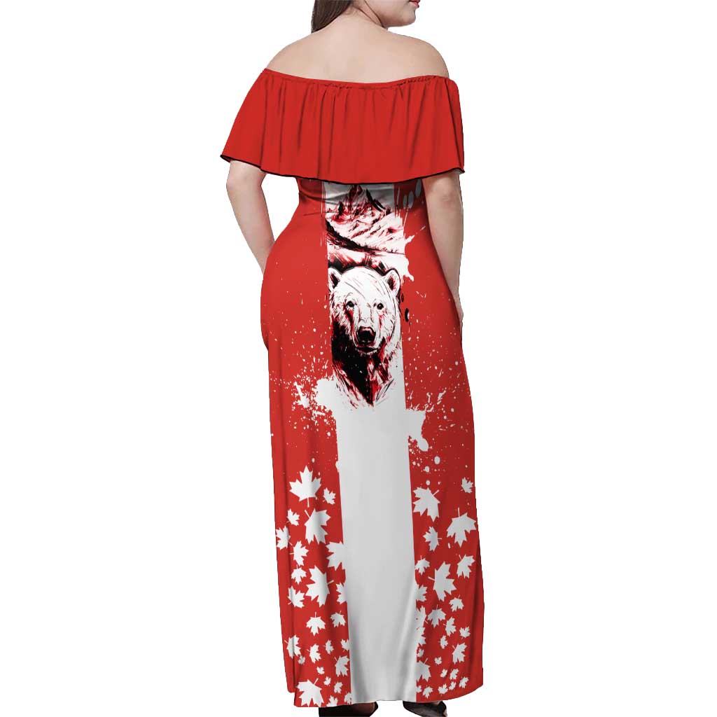 Canada Bear Off Shoulder Maxi Dress with Maple Leaf and Rocky Mountain Design