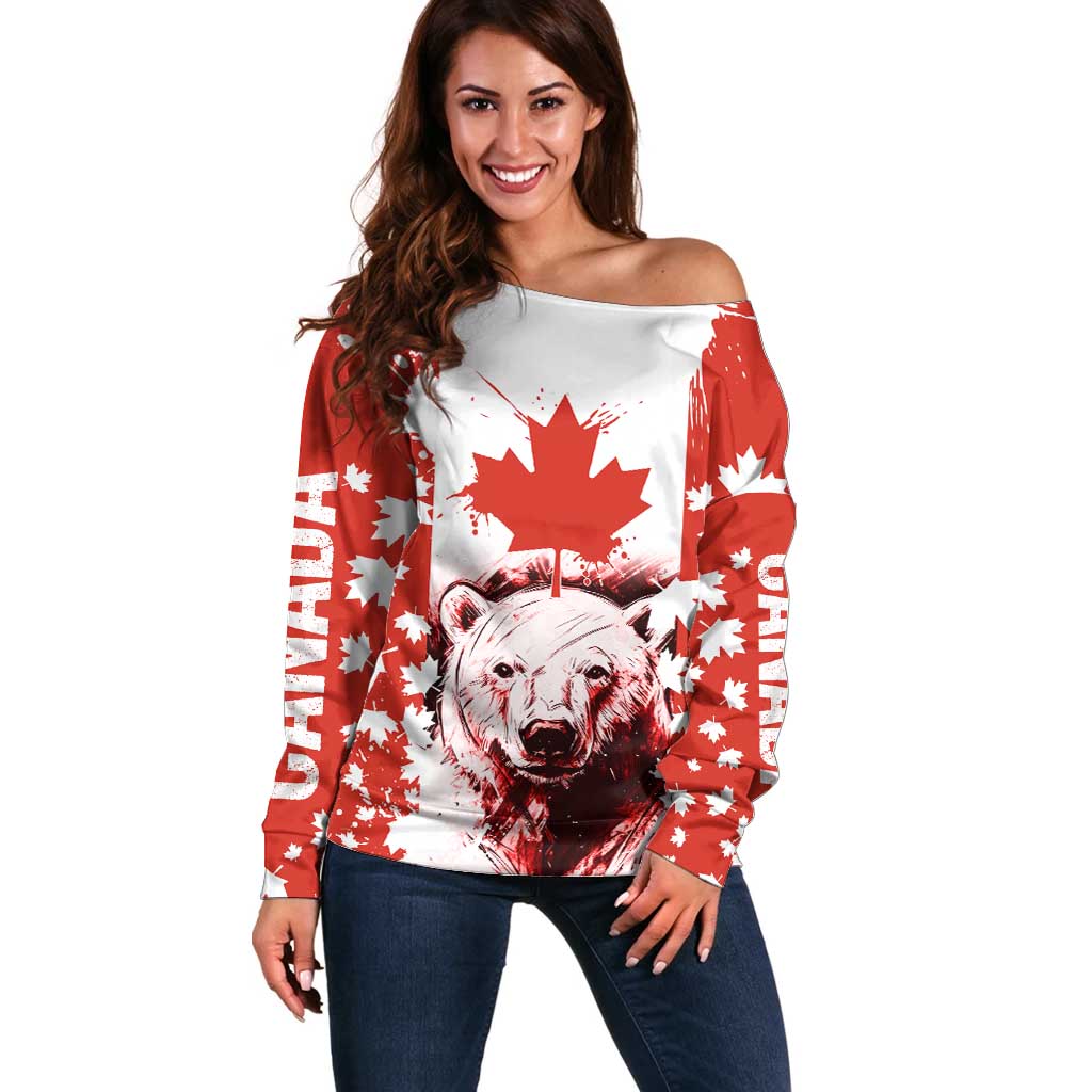 Canada Bear Off Shoulder Sweater with Maple Leaf and Rocky Mountain Design