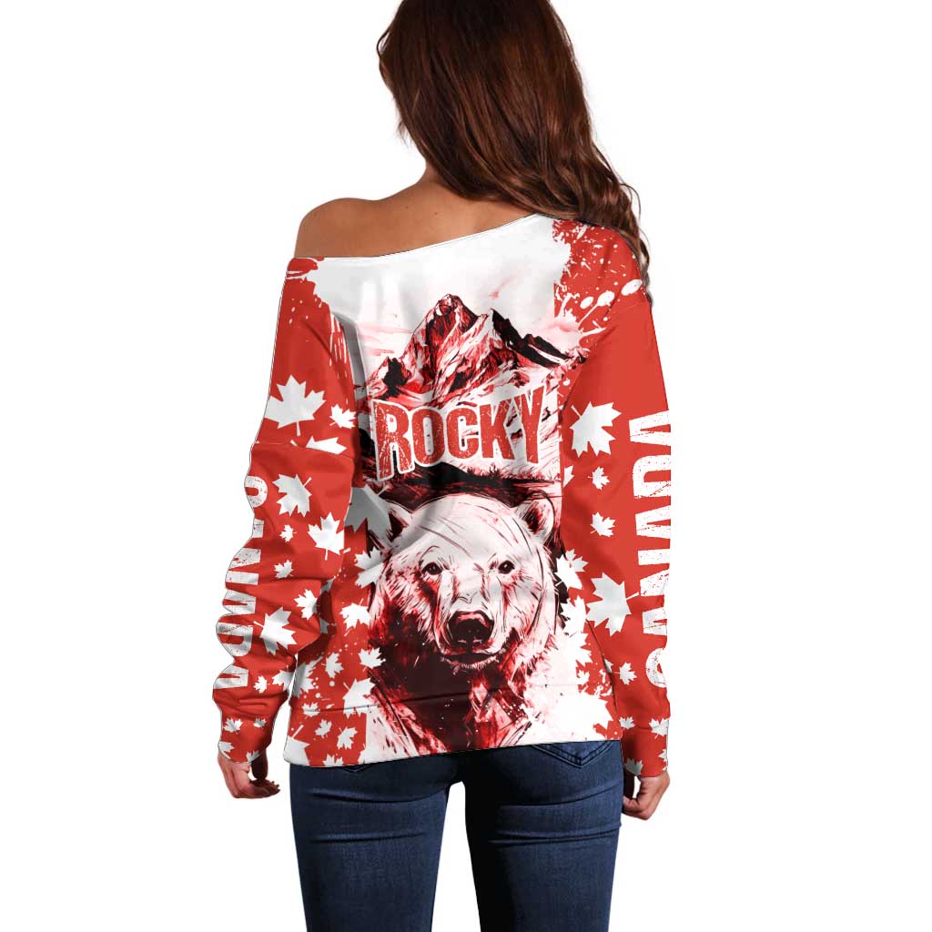 Canada Bear Off Shoulder Sweater with Maple Leaf and Rocky Mountain Design